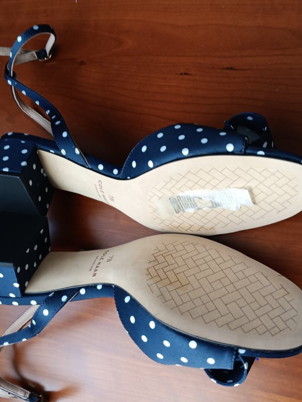NWT Cole Haan Florette Navy & White Polka Dot Ankle Strap Block Heel Sandal - Picture 6 of 9